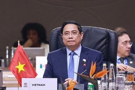 Dự Phiên thảo luận thứ ba của Hội nghị Thượng đỉnh G20 với chủ đề "Một tương lai công bằng và công lý cho tất cả mọi người", Thủ tướng Phạm Minh Chính đề xuất 3 ưu tiên chiến lược cho 3 chuyển động lớn của thế giới. (Ảnh: VGP/Nhật Bắc)