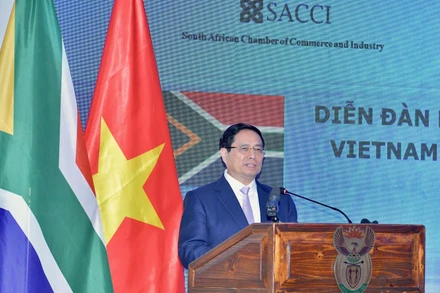 Thủ tướng Chính phủ Phạm Minh Chính phát biểu ý kiến tại Diễn đàn Doanh nghiệp Việt Nam-Nam Phi. (Ảnh: Thanh Giang)