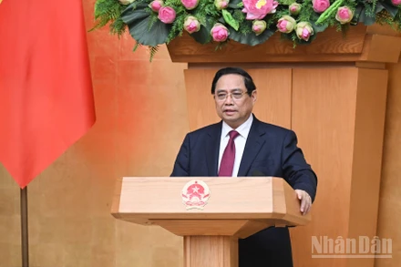 Thủ tướng Chính phủ Phạm Minh Chính phát biểu ý kiến tại Phiên họp chuyên đề của Chính phủ về xây dựng pháp luật. (Ảnh: Trần Hải)