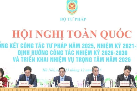 Thủ tướng Chính phủ Phạm Minh Chính chủ trì Hội nghị tổng kết, triển khai nhiệm vụ trọng tâm của năm 2026 của ngành Tư pháp. (Ảnh: Trần Hải)