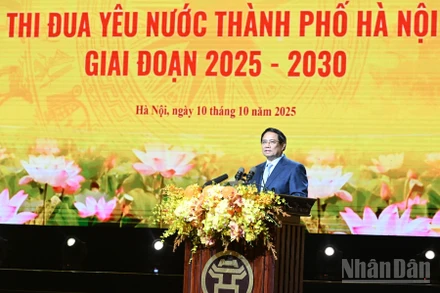 Thủ tướng Chính phủ Phạm Minh Chính phát biểu ý kiến tại Đại hội Thi đua yêu nước thành phố Hà Nội giai đoạn 2025-2030 (Ảnh: TRẦN HẢI)