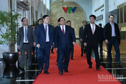Thủ tướng Chính phủ Phạm Minh Chính tới dự Hội nghị tổng kết công tác năm 2025, triển khai nhiệm vụ năm 2026 của Đài Truyền hình Việt Nam. (Ảnh TRẦN HẢI)
