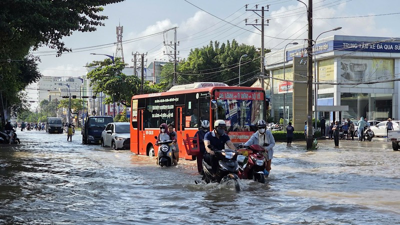 Đường phố trung tâm Cần Thơ ngập nặng do triều cường sáng 11/9.
