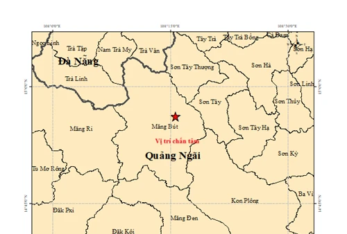 Bản đồ chấn tâm trận động đất có độ lớn 3,8 xảy ra tại xã Măng Bút, tỉnh Quảng Ngãi. (Ảnh: Viện Các khoa học Trái đất)