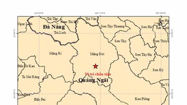 Bản đồ tâm chấn trận động đất có độ lớn 3.7 tại xã Măng Bút, tỉnh Quảng Ngãi. (Ảnh: Viện Các khoa học trái đất)