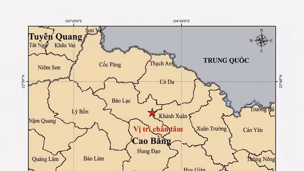 Bản đồ tâm chấn trận động đất mạnh 3,2 tại xã Bảo Lạc, tỉnh Cao Bằng. (Ảnh: Viện Các Khoa học Trái đất)