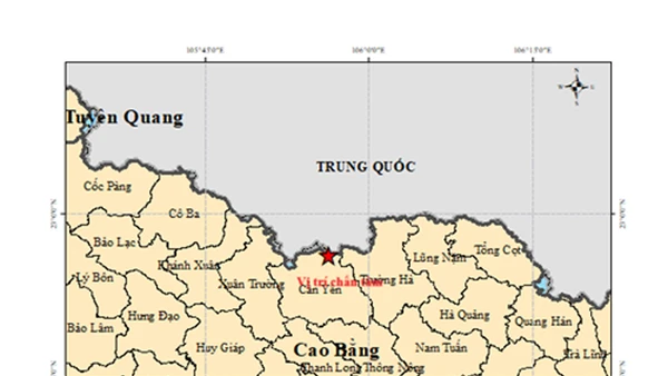 Bản đồ tâm chấn động đất M= 3.4 tại xã Cần Yên, tỉnh Cao Bằng. (Nguồn: Trung tâm Báo tin động đất và Cảnh báo sóng thần, Viện Các khoa học trái đất)