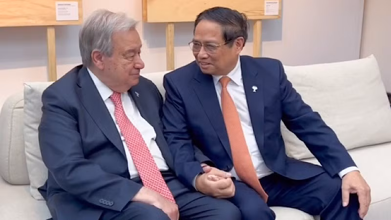 Thủ tướng Chính phủ Phạm Minh Chính gặp Tổng Thư ký Liên hợp quốc Antonio Guterres. (Ảnh: VGP/Nhật Bắc)