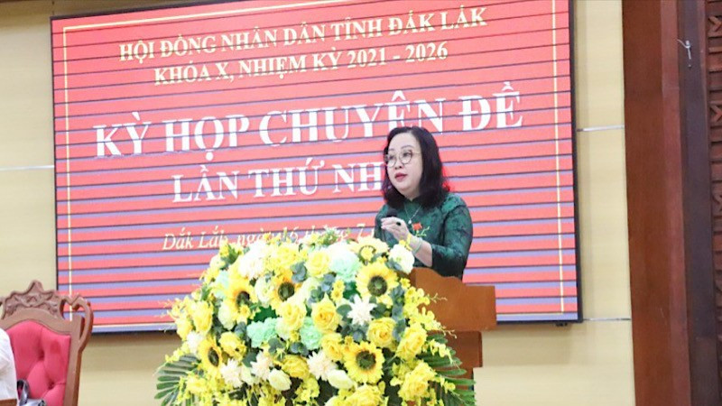 Phó Bí thư Thường trực Tỉnh ủy, Chủ tịch Hội đồng nhân dân tỉnh Đắk Lắk Cao Thị Hòa An phát biểu tại kỳ họp.