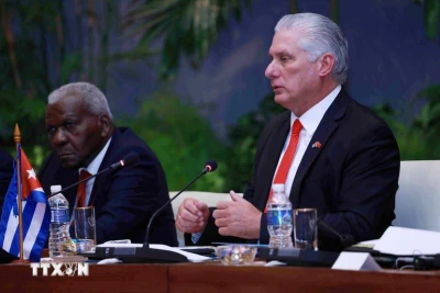 Bí thư Thứ nhất Đảng Cộng sản Cuba, Chủ tịch Cuba Miguel Diaz Canel Bermudez phát biểu tại cuộc hội đàm với Tổng Bí thư, Chủ tịch nước Tô Lâm. (Ảnh: Lâm Khánh/TTXVN)
