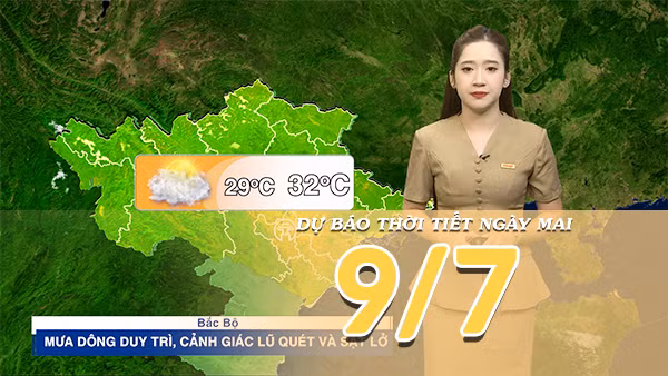 [Video] Dự báo thời tiết đêm nay và ngày mai ngày 9/7/2026: Bắc Bộ tiếp diễn mưa dông, một số tỉnh Trung Bộ đạt ngưỡng nắng nóng 