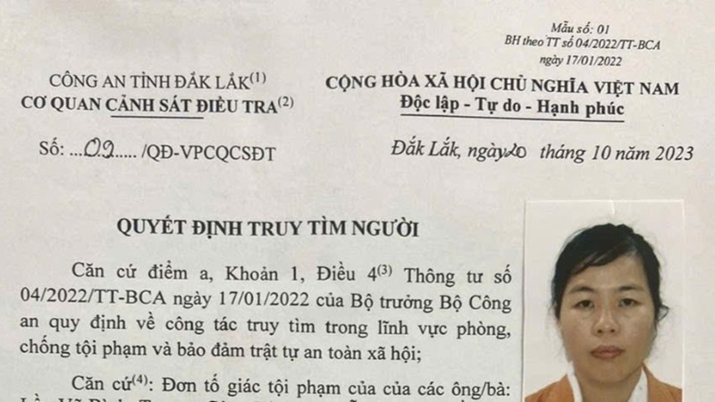 Quyết định truy tìm đối với Nguyễn Thị Thanh Vân.