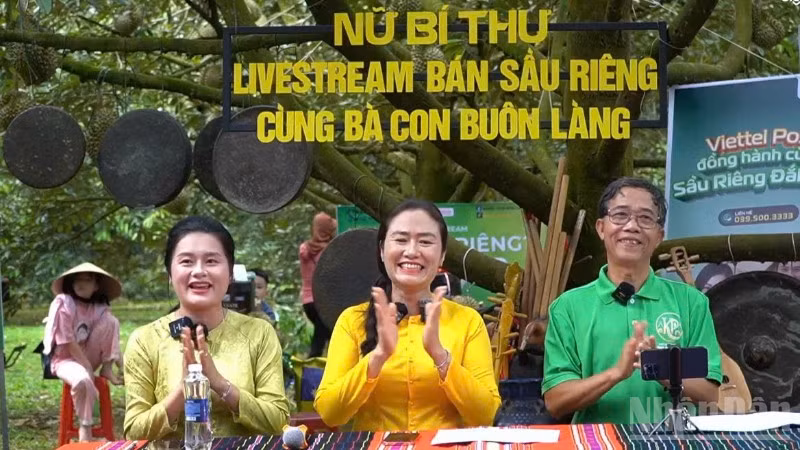 Nữ Bí thư Đảng ủy xã Ea Knuếc Ngô Thị Minh Trinh (giữa) tại chương trình “Nữ Bí thư livestream bán sầu riêng cùng bà con buôn làng”.