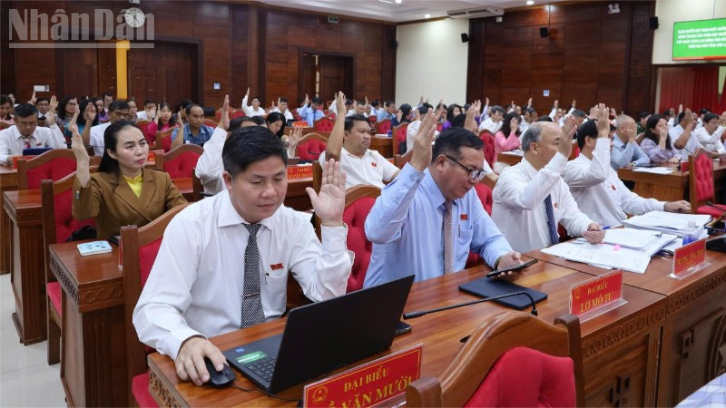 Các đại biểu Hội đồng nhân dân tỉnh Đắk Lắk biểu quyết thông qua nghị quyết.