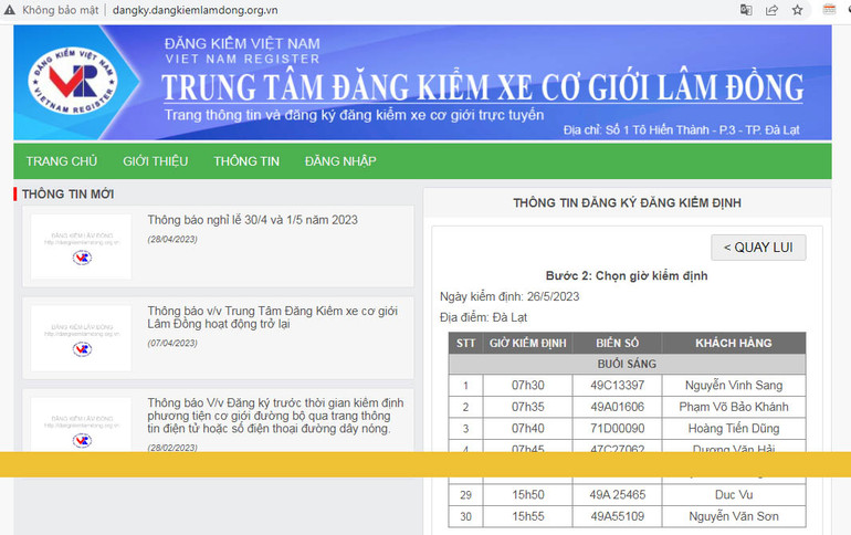 Thông tin đăng ký kiểm định trên trang web Trung tâm đăng kiểm xe cơ giới Lâm Đồng đã kín lịch đến ngày 26/5.