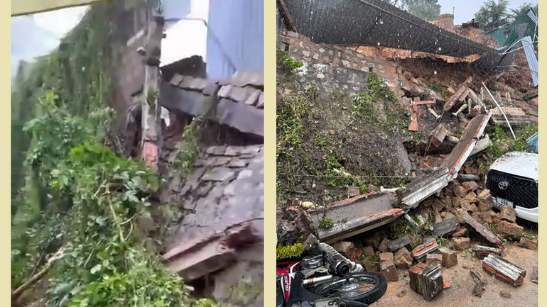 Vụ sạt lở làm hư hỏng nhẹ ô-tô và xe máy đỗ bên dưới.