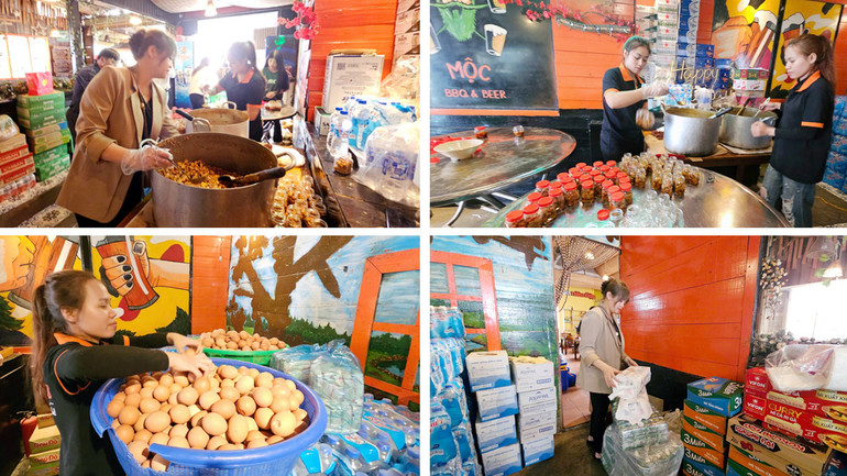 Nhóm thiện nguyện của chị Dư Nữ tổ chức chưng hàng nghìn lọ mắm, gói tôm khô... để gửi ra đồng bào vùng lũ phía bắc.