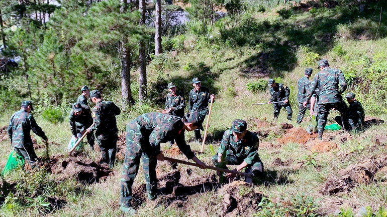 Đoàn viên, thanh niên thuộc lực lượng vũ trang tham gia trồng cây tại lễ phát động.