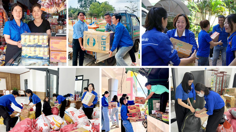Tuổi trẻ Lâm Đồng tiếp nhận, gói ghém, vận chuyển nhu yếu phẩm của các nhà hảo tâm gửi đồng bào vùng lũ phía bắc.