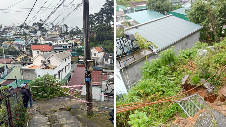 Cơ quan chức năng giăng dây cảnh báo khu vực nguy hiểm do sạt lở.