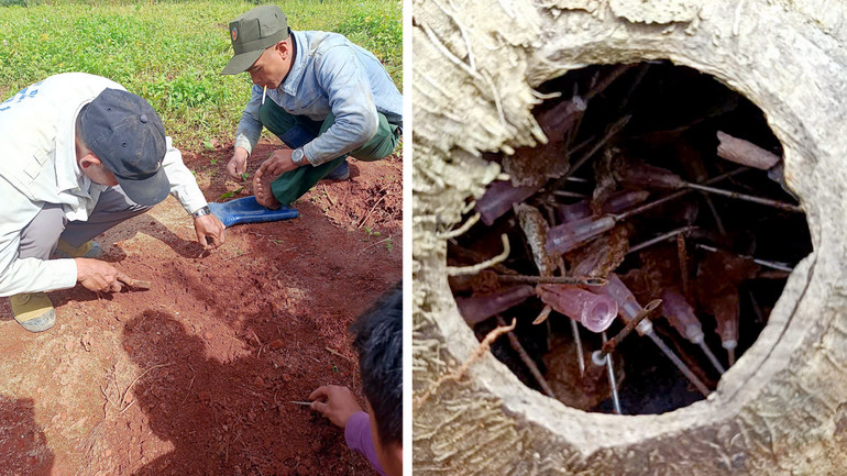 Thành viên trong đoàn là hộ nhận khoán bảo vệ rừng dẫm phải kim tiêm "bẫy" kín dưới đất.