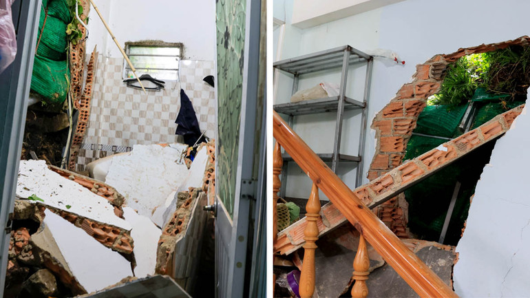 Ngôi nhà của gia đình ông Phước bị ảnh hưởng nặng do vụ sạt lở.