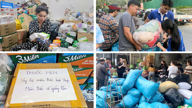 Chị Vân đóng gói hàng hóa, thuốc men và những người dân thành phố Đà Lạt quyên góp nhu yếu phẩm ủng hộ đồng bào miền bắc bị thiệt hại do bão, lũ.
