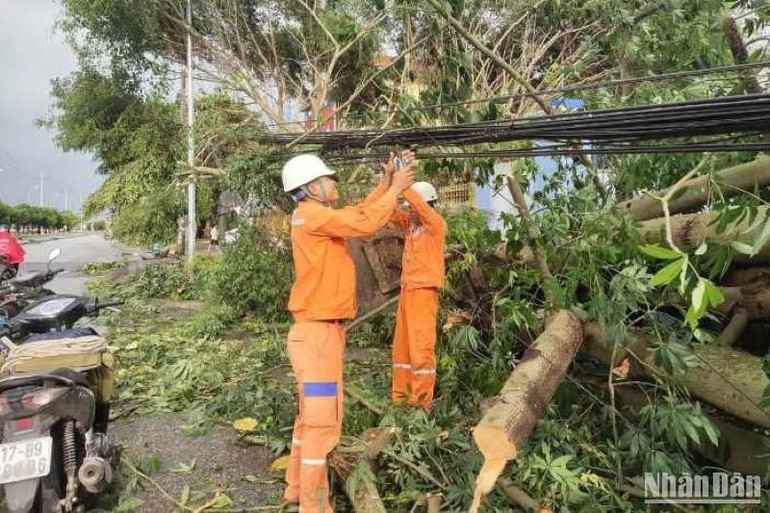 Công nhân Điện lực Vũ Thư khẩn trương khắc phục sự cố trên tuyến đường điện chạy qua thị trấn Vũ Thư.