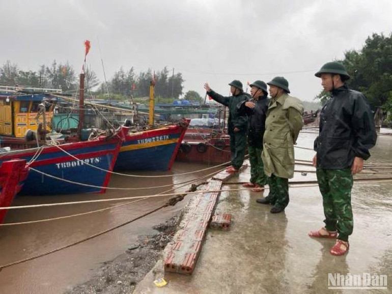 Lực lượng Bộ đội Biên phòng tỉnh Thái Bình thị sát tại khu neo đậu tàu thuyền xã Nam Thịnh, huyện Tiền Hải. (Ảnh chụp lúc 9 giờ sáng 7/9) Lực lượng Bộ đội Biên phòng tỉnh Thái Bình thị sát tại khu neo đậu tàu thuyền xã Nam Thịnh, huyện Tiền Hải. (Ảnh chụp lúc 9 giờ sáng 7/9)