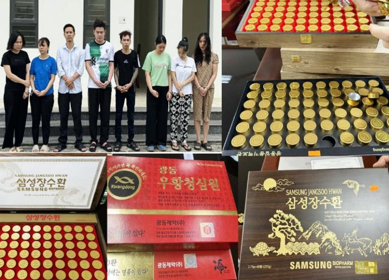 Các đối tượng cùng tang vật vụ án.