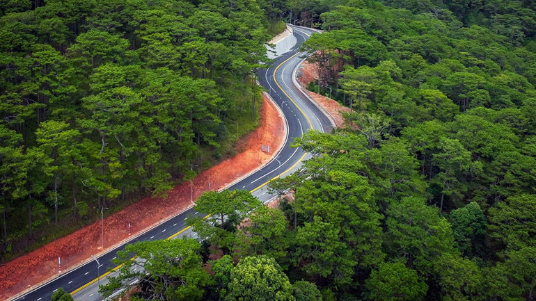 Đèo Prenn đi qua địa hình đồi núi, với những đường cong thấp thoáng dưới tán rừng thông.