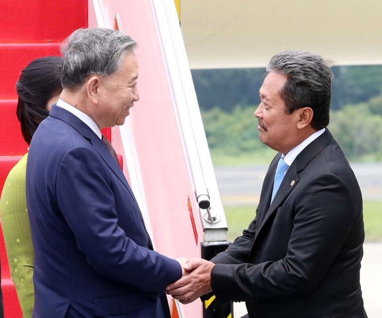 Quan chức Indonesia đón Tổng Bí thư Tô Lâm và Phu nhân tại sân bay quân sự Halim Perdanakusuma, Jakarta. (Ảnh: TTXVN)