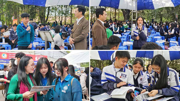 Học sinh tìm hiểu thông tin và đặt những câu hỏi với Ban tổ chức chương trình tư vấn mùa thi.