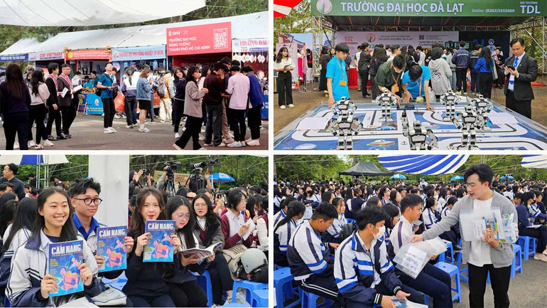 Học sinh được phát cẩm nang tư vấn mùa thi và tìm hiểu các ngành học tại chương trình.