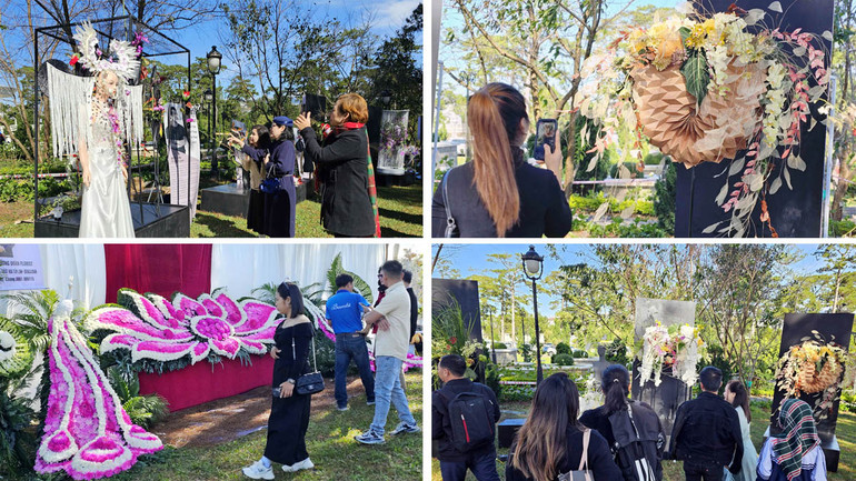 Các tác phẩm hoa tươi nghệ thuật tại không gian triển lãm thu hút người xem.