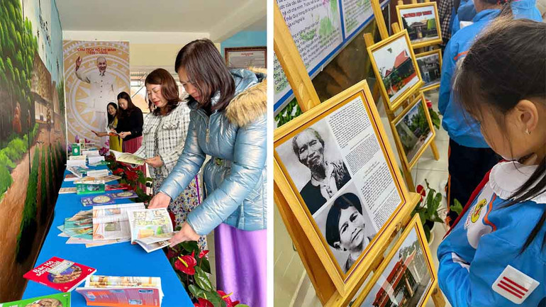 Giáo viên và học sinh Trường tiểu học Lê Quý Đôn trong "Không gian văn hóa Hồ Chí Minh” được xây dựng tại nhà trường.