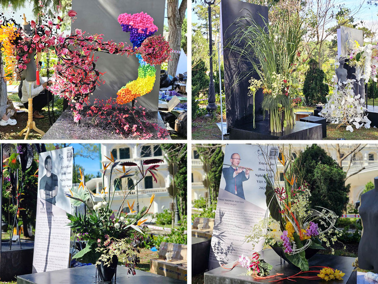 Các tác phẩm hoa tươi nghệ thuật tại triển lãm.