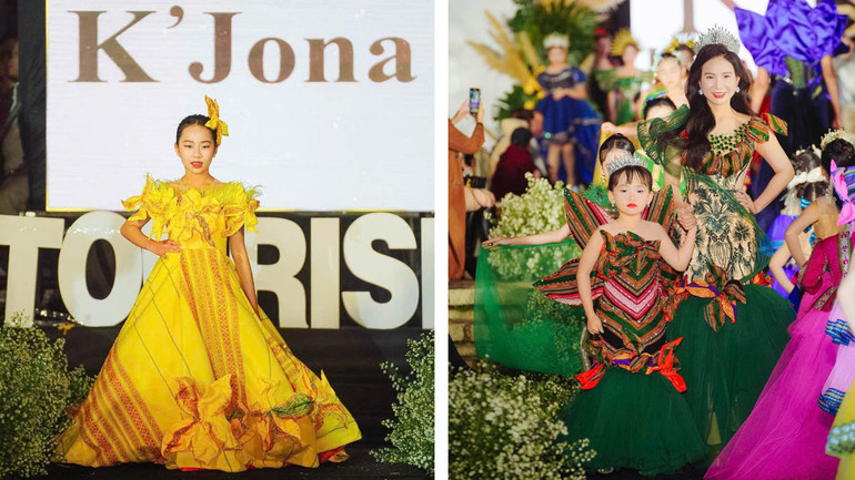 Quỳnh Trâm và mẫu thiết kế từ hoa dã quỳ cùng Model tài năng Thảo Uyên (hàng đầu) trong đêm trình diễn bộ sưu tập "Vườn hoa thổ cẩm".