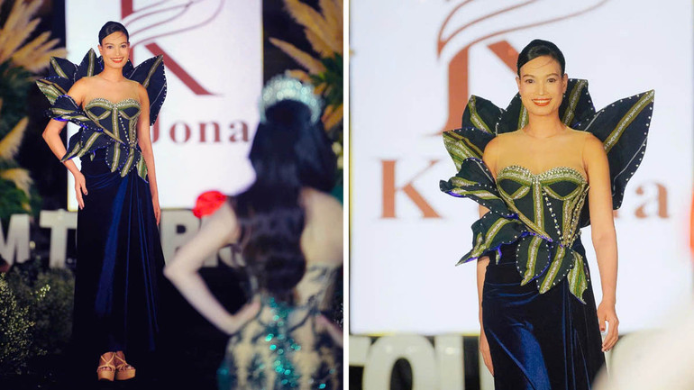 Siêu mẫu quốc tế H'Ăng Niê trình diễn mẫu thiết kế sắc hoa thổ cẩm.