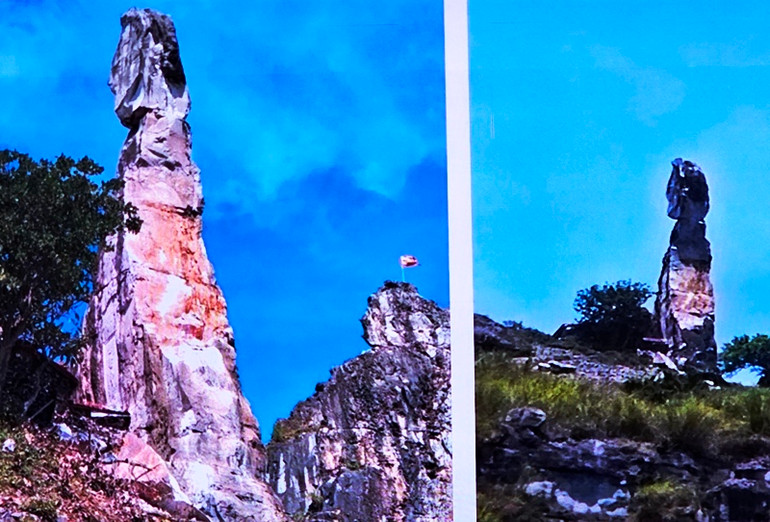 Hòn Vọng Phu ở đỉnh núi Nhồi bị sạt lở.