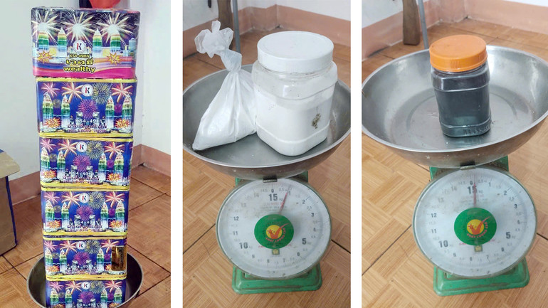 Số pháo hoa nổ và tiền chất thuốc nổ dùng để chế tạo pháo nổ do gia đình ông Q. giao nộp cơ quan công an.