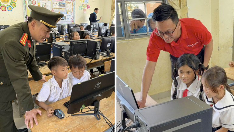 Đại diện 2 đơn vị hướng dẫn các học sinh thao tác trên máy vi tính.