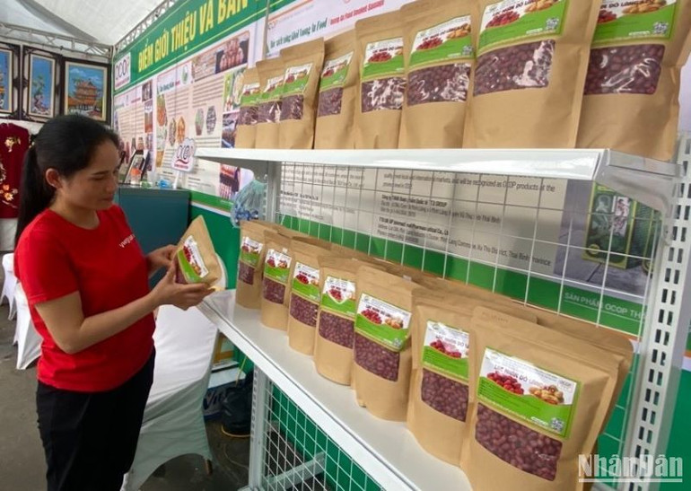 Sản phẩm OCOP 3 sao lạc đỏ làng Keo được giới thiệu tại Hội chợ.