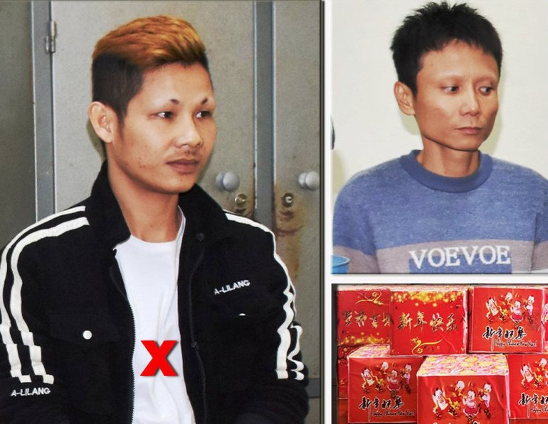 Hoàng Xuân Thành (X) cùng đối tượng liên quan và pháo tang vật.