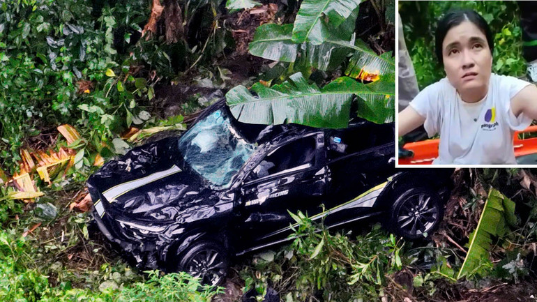 Trần Nguyễn Thu Trang và ô-tô thời điểm người dân phát hiện dưới vực sâu.