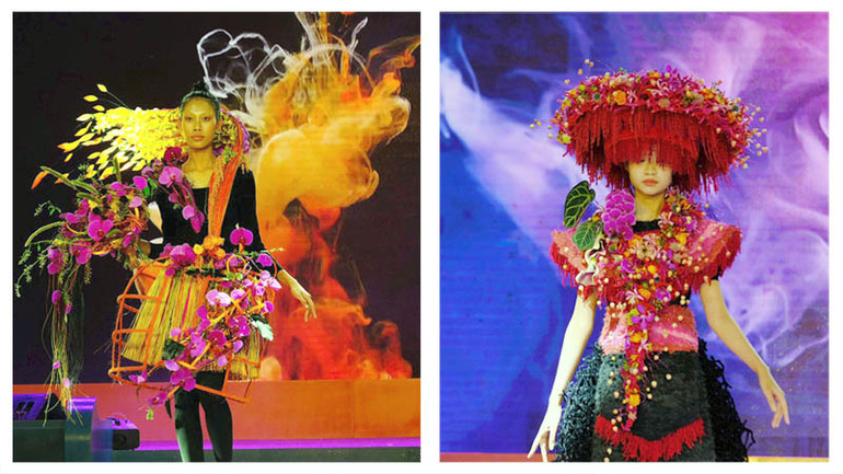 Các người mẫu trình diễn trang phục thiết kế bằng hoa tươi trong đêm gala.