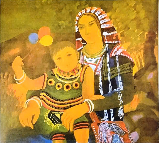 Tác phẩm " mẹ con" - tranh bột màu của Đỗ Chung.