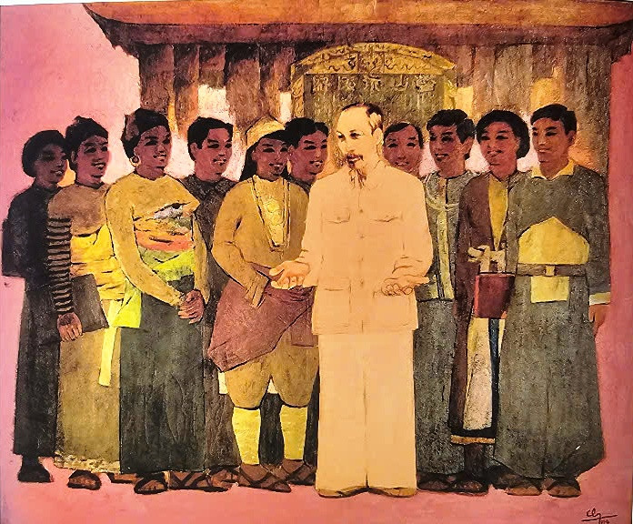 Bác Hồ với thanh niên các dân tộc Thanh Hóa - tranh sơn dầu của Đỗ Chung.