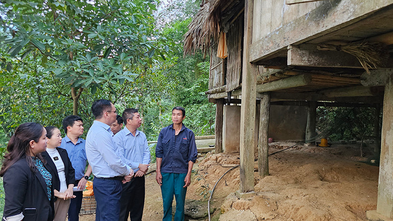 Cán bộ các cấp khảo sát, nắm bắt hiện trạng sạt lở, ảnh hưởng nhà ở của hộ dân bản Giá, xã Phú Xuân, huyện Quan Hóa.