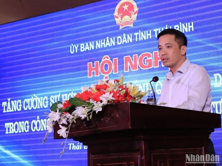 Ông Đậu Anh Tuấn, Phó Tổng Thư ký Liên đoàn thương mại và Công thương Việt Nam đánh giá cao những hoạt động hỗ trợ, chia sẻ khó khăn với doanh nghiệp trong thời gian qua của chính quyền tỉnh Thái Bình. (Ảnh: Mai Tú)